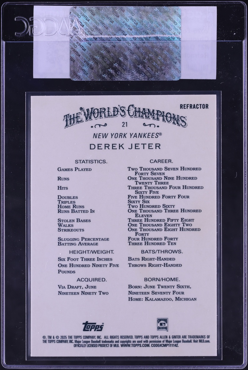 2025 Topps Allen & Ginter Chrome Refractor Derek Jeter #21 CGC AUTH