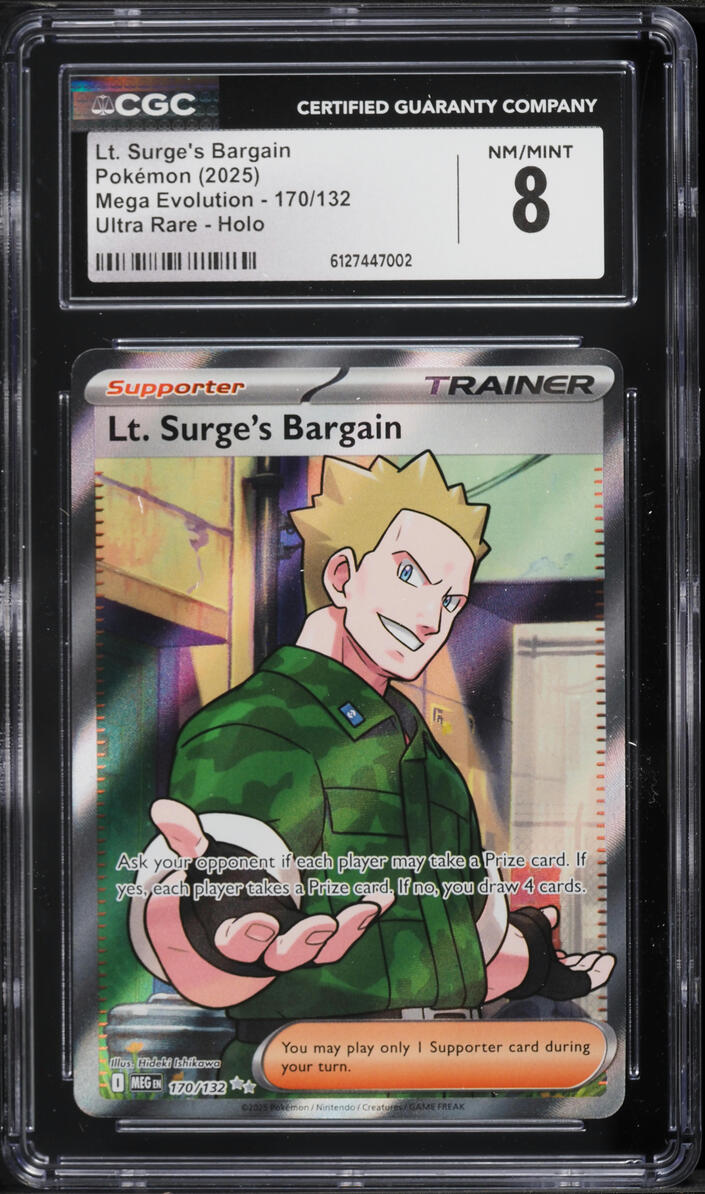 2025 Pokemon Mega Evolution Full Art Lt. Surge's Bargain #170 CGC 8 NM-MT