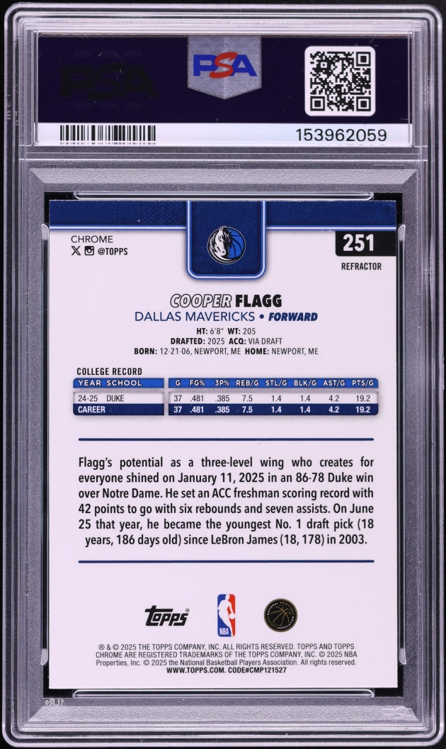 2025 Topps Chrome Refractor Cooper Flagg ROOKIE #251 PSA 9 MINT