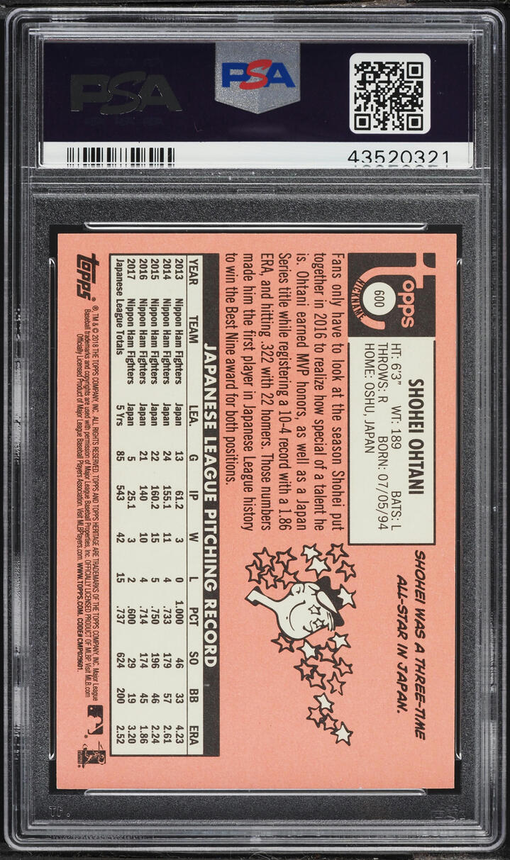 2018 Topps Heritage Nickname Shohei Ohtani ROOKIE #600 PSA 10 GEM MINT