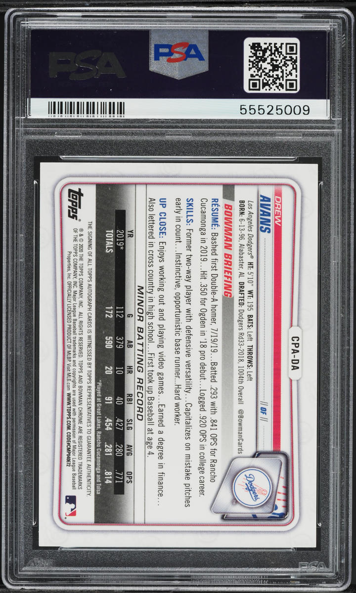 2020 Bowman Chrome Green Atomic Drew Avans PROSPECT AUTO /99 #CPADA PSA 9 MINT