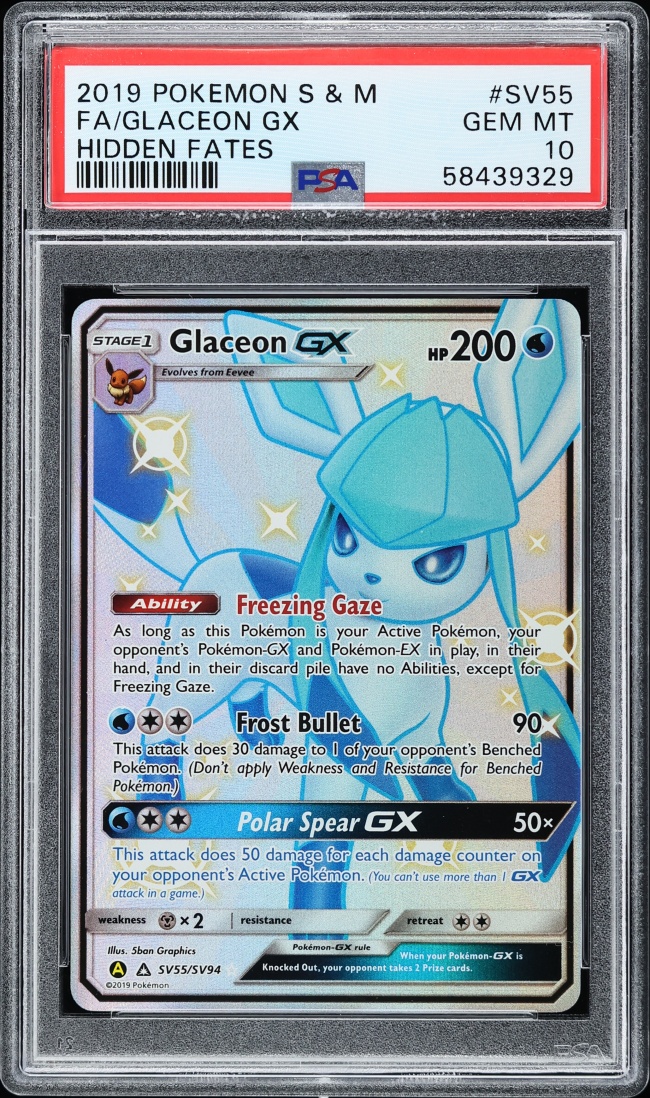 2019 Pokemon Sun & Moon Hidden Fates Full Art Shiny Glaceon GX #SV55 PSA 10 GEM MINT