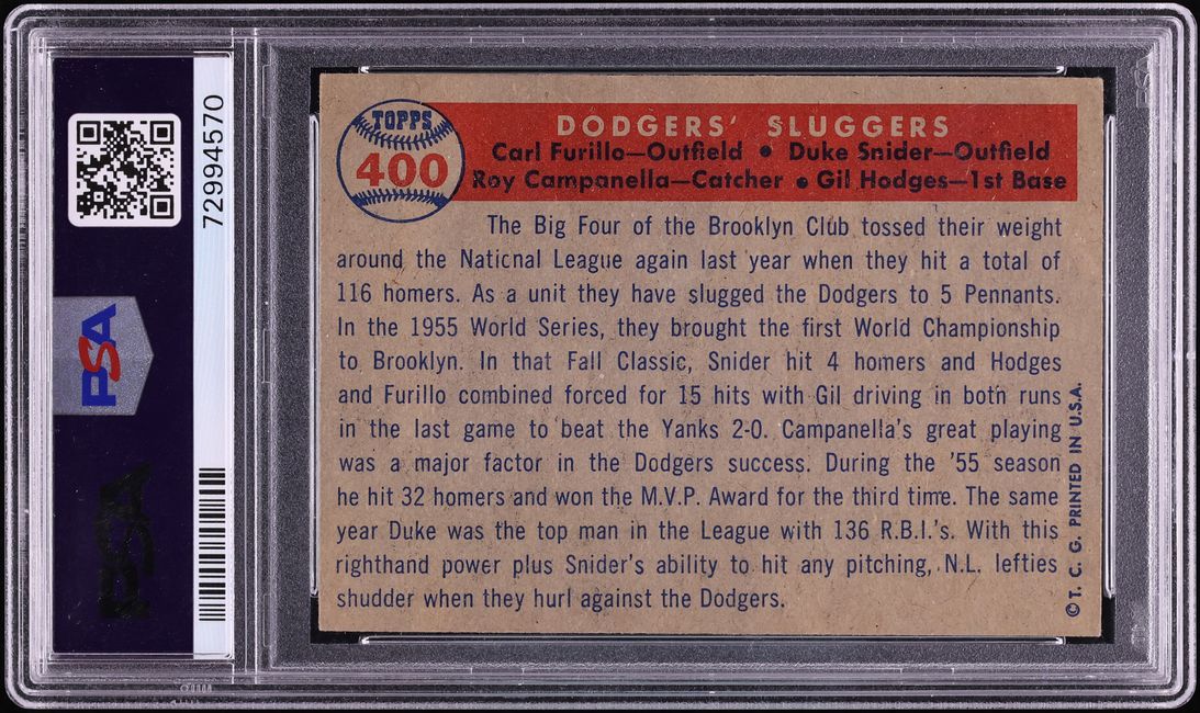 1957 Topps Duke Snider Roy Campanella Hodges Furillo SLUGGERS #400 PSA 5 EX