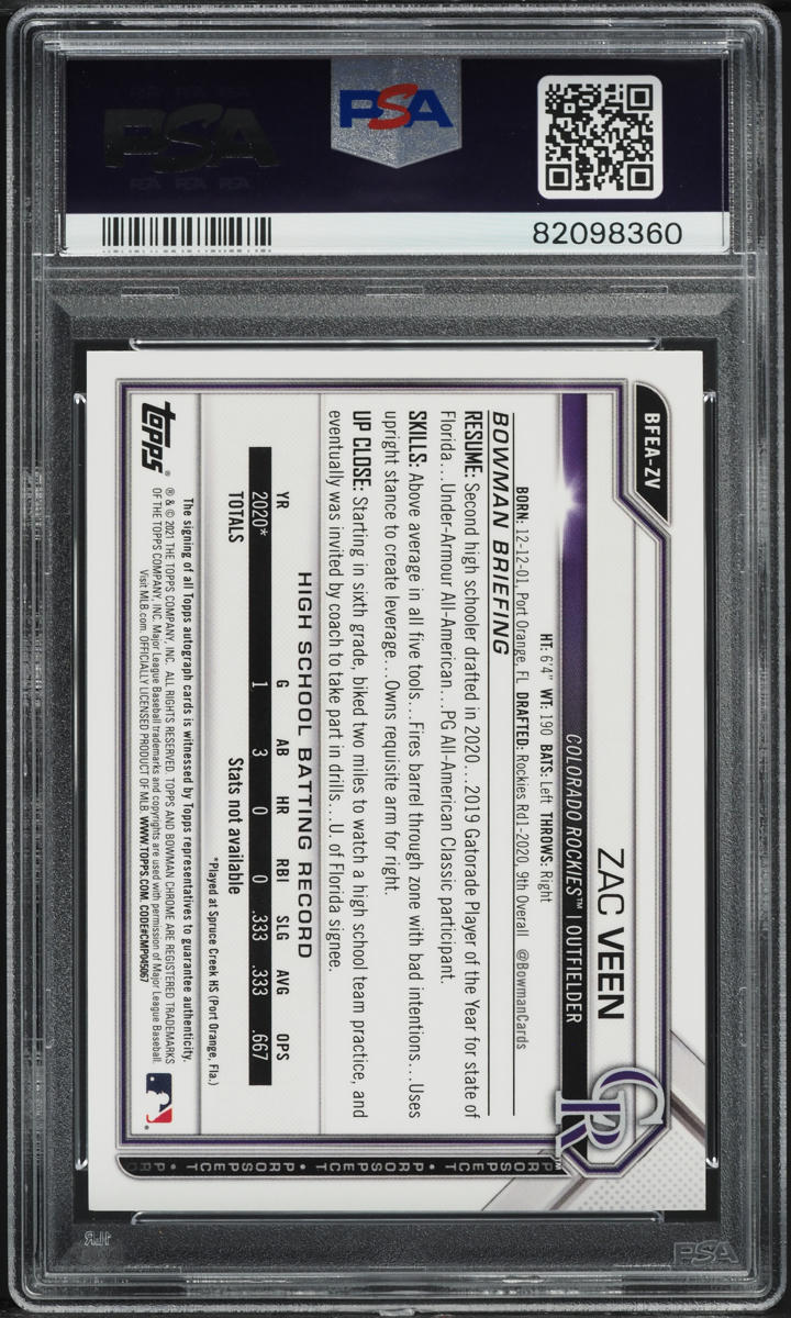 2021 Bowman Chrome 1st Edition Zac Veen PROSPECT AUTO /50 #BFEA-ZV PSA 10 GEM MINT