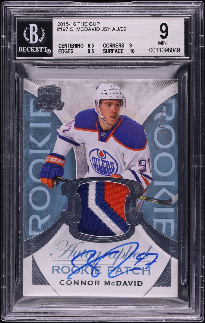 2015 Upper Deck The Cup Connor McDavid ROOKIE PATCH AUTO /99 #197 BGS 9 MINT