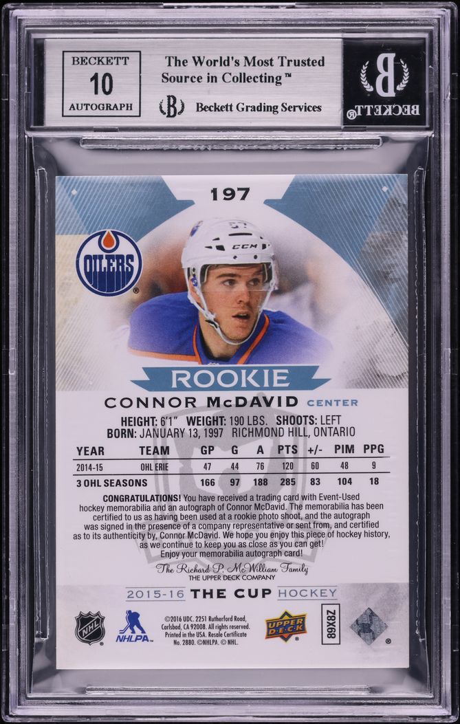 2015 Upper Deck The Cup Connor McDavid ROOKIE PATCH AUTO /99 #197 BGS 9 MINT