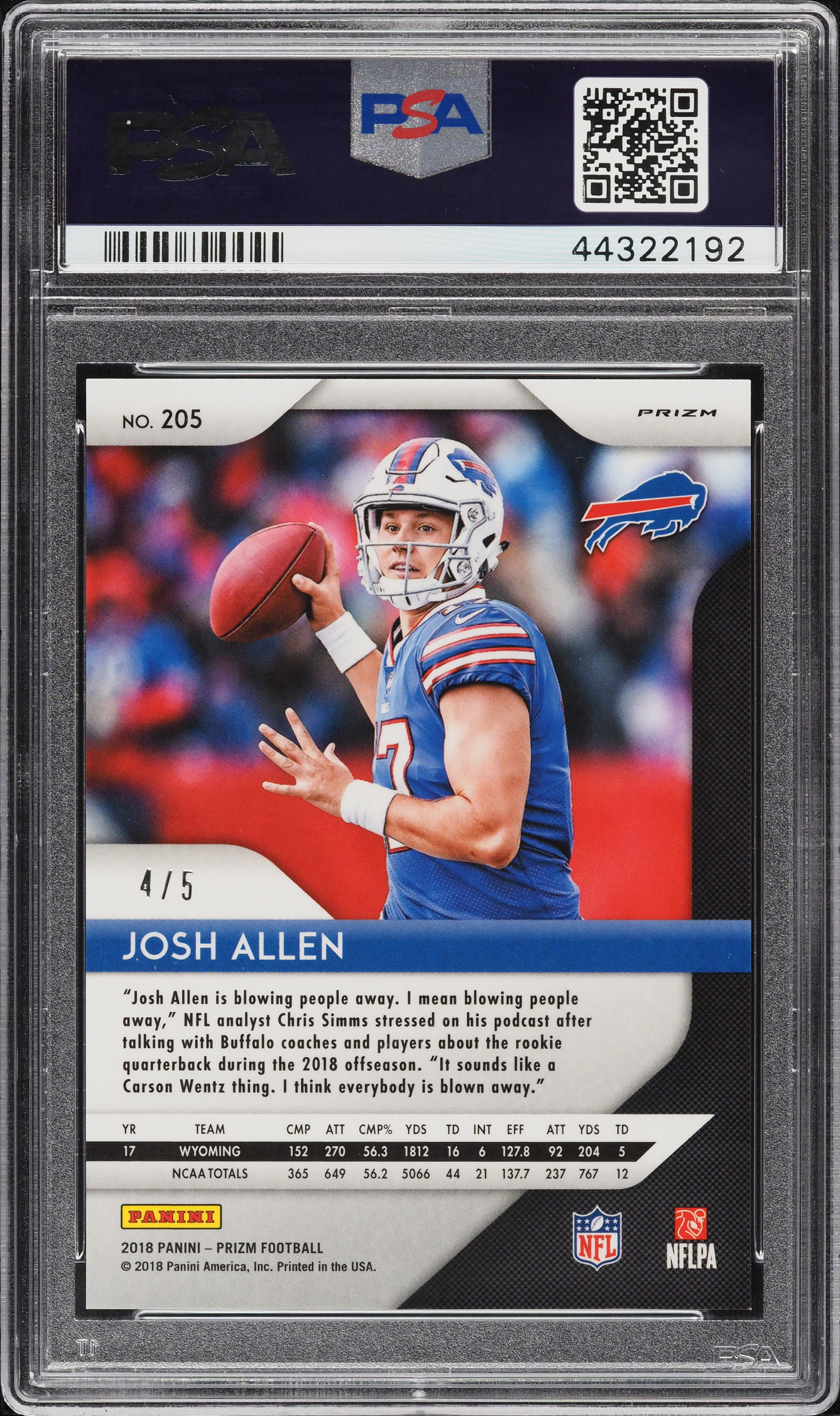 2018 Panini Prizm Gold Vinyl Josh Allen ROOKIE /5 #205 PSA 10 GEM