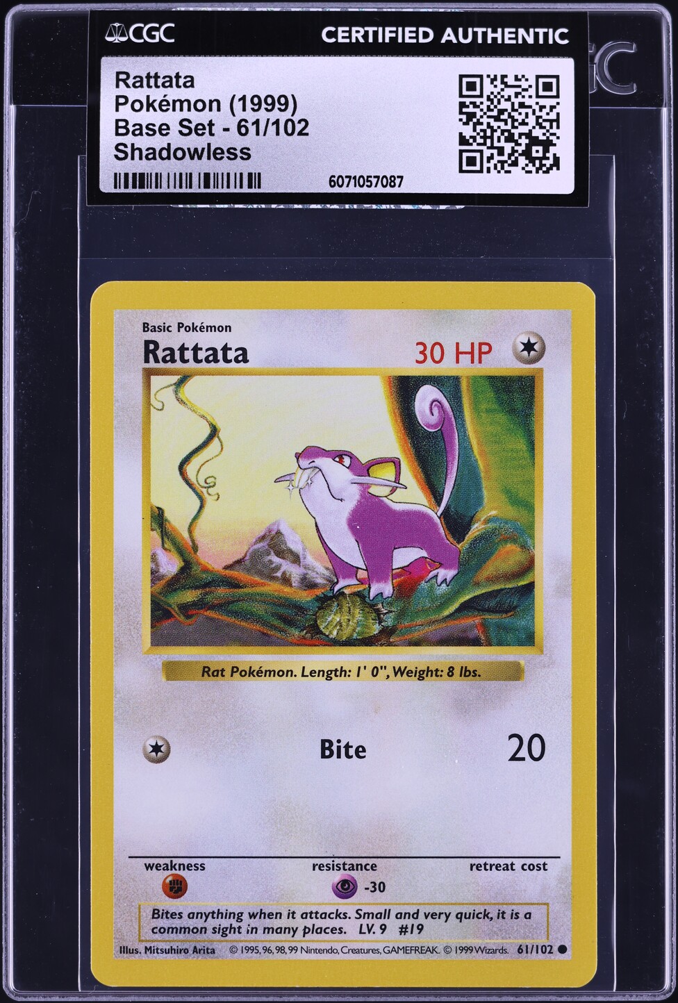 1999 Pokemon Base Set Shadowless Rattata #61 CGC AUTH