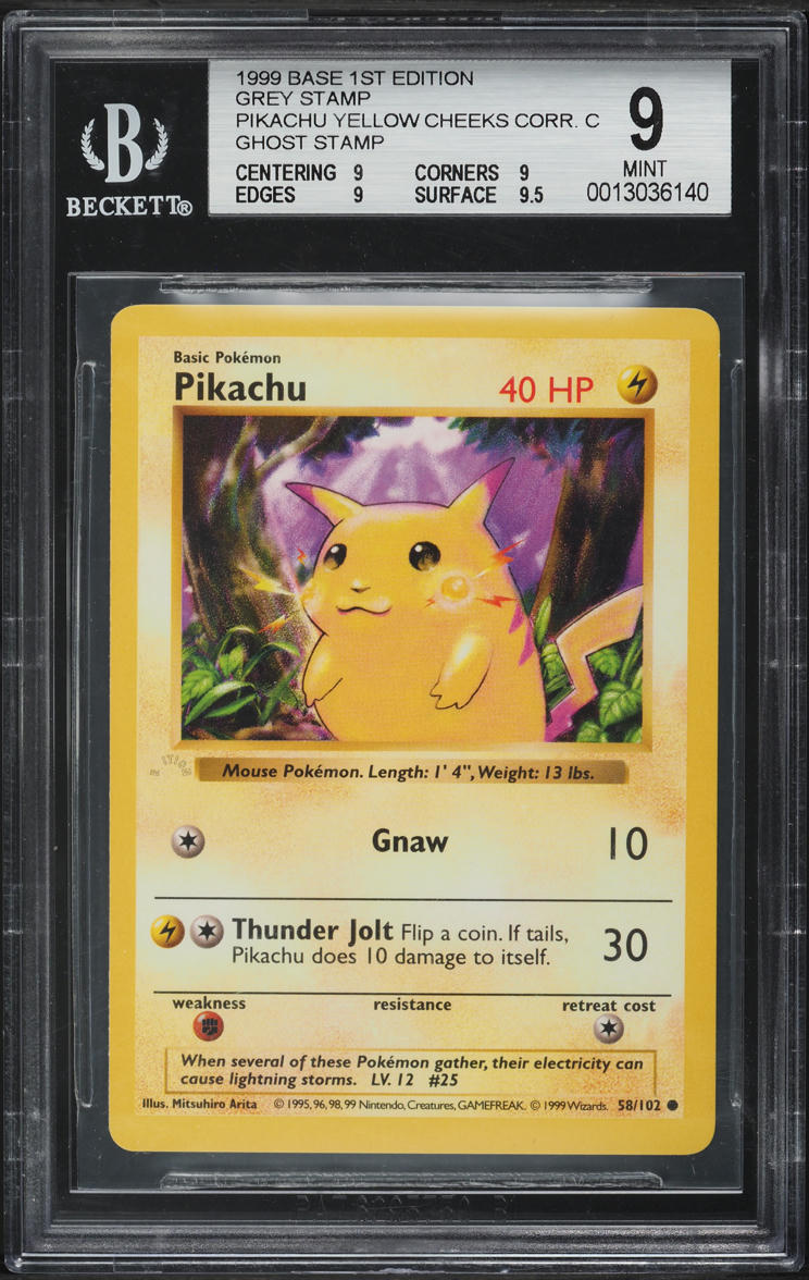 1999 Pokemon Base Set Shadowless 1st Ed Ghost Stamp Yellow Cheeks Pikachu BGS 9
