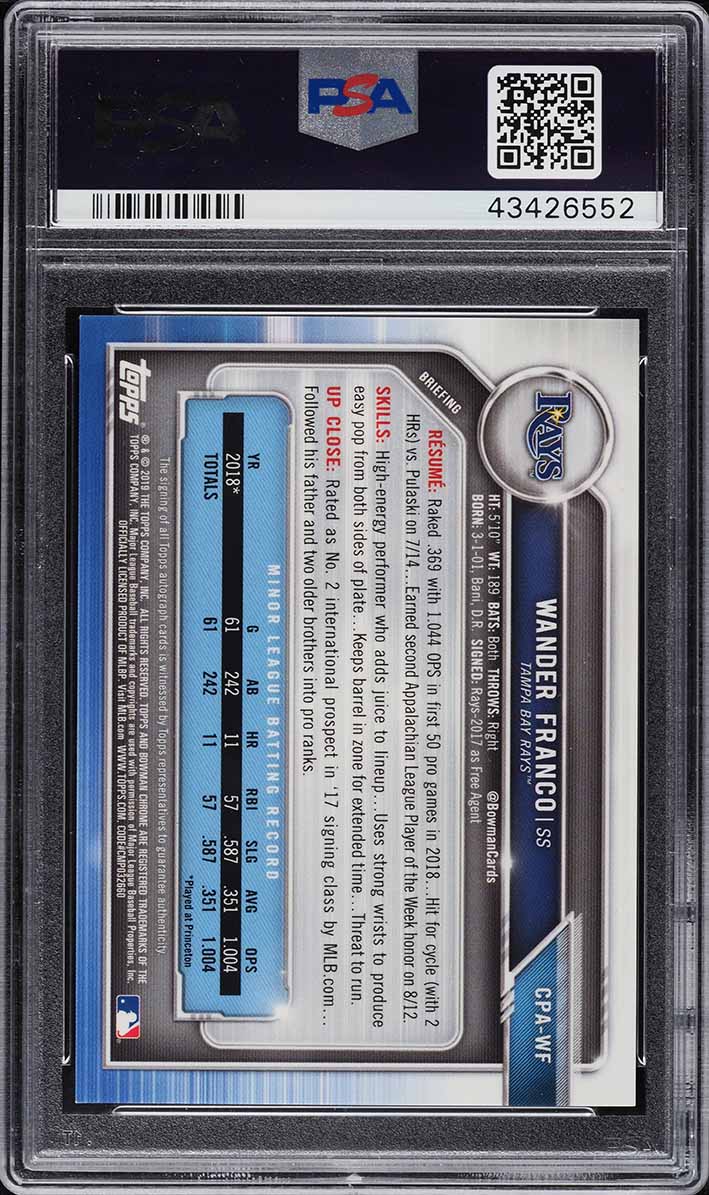 2019 Bowman Chrome Purple Refractor Wander Franco PROSPECT AUTO /250 #CPA-WF PSA 10 GEM MINT