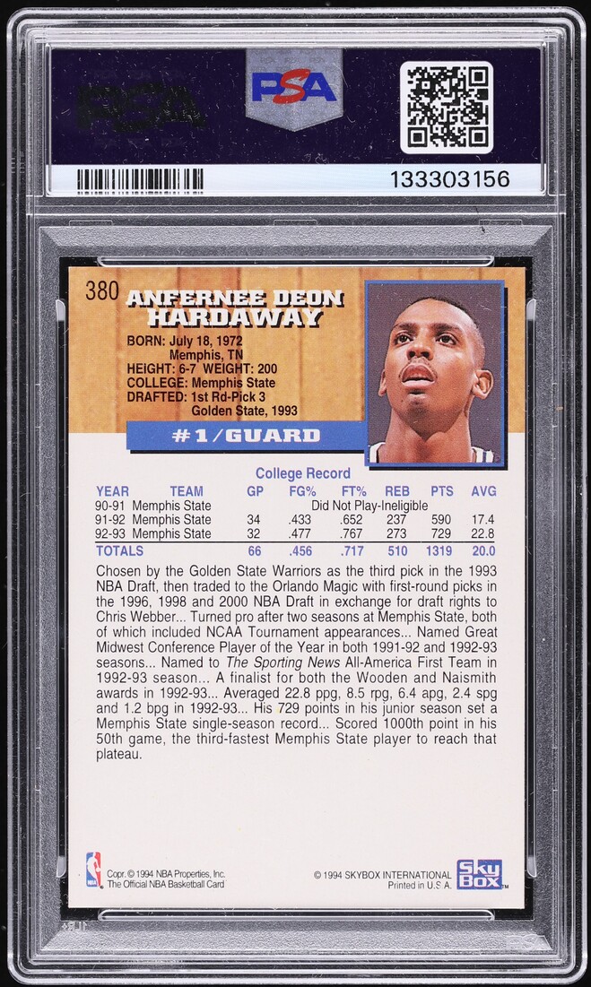 1993 Hoops Anfernee Hardaway ROOKIE #380 PSA 7 NRMT