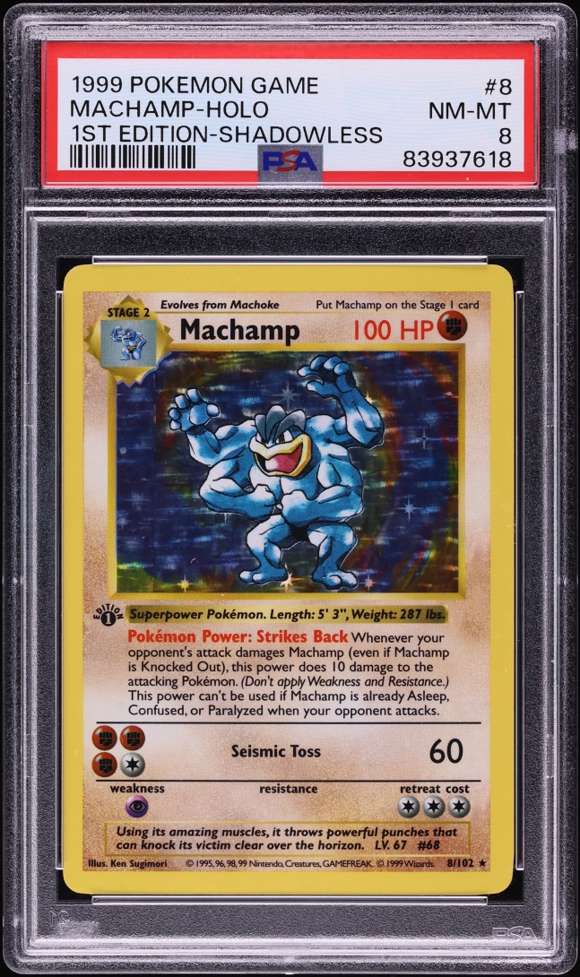1999 Pokemon Base Set Shadowless 1st Edition Holo Machamp #8 PSA 8 NM-MT