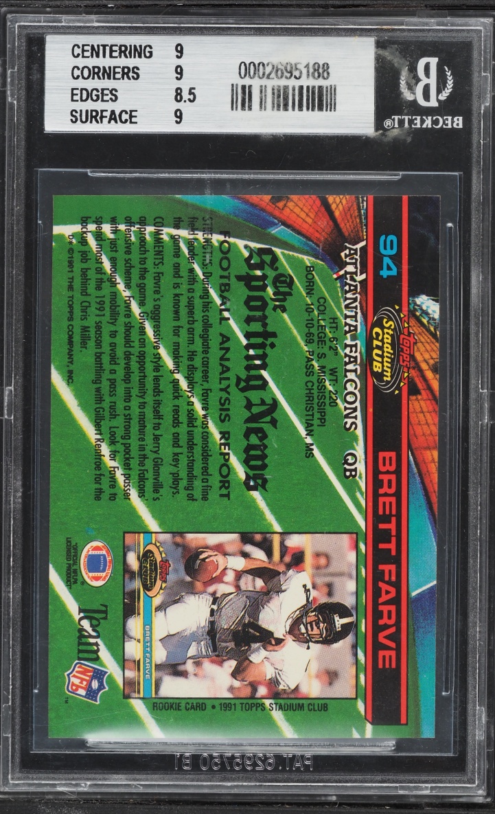 1991 Stadium Club Football Brett Farve ROOKIE #94 BGS 9 MINT