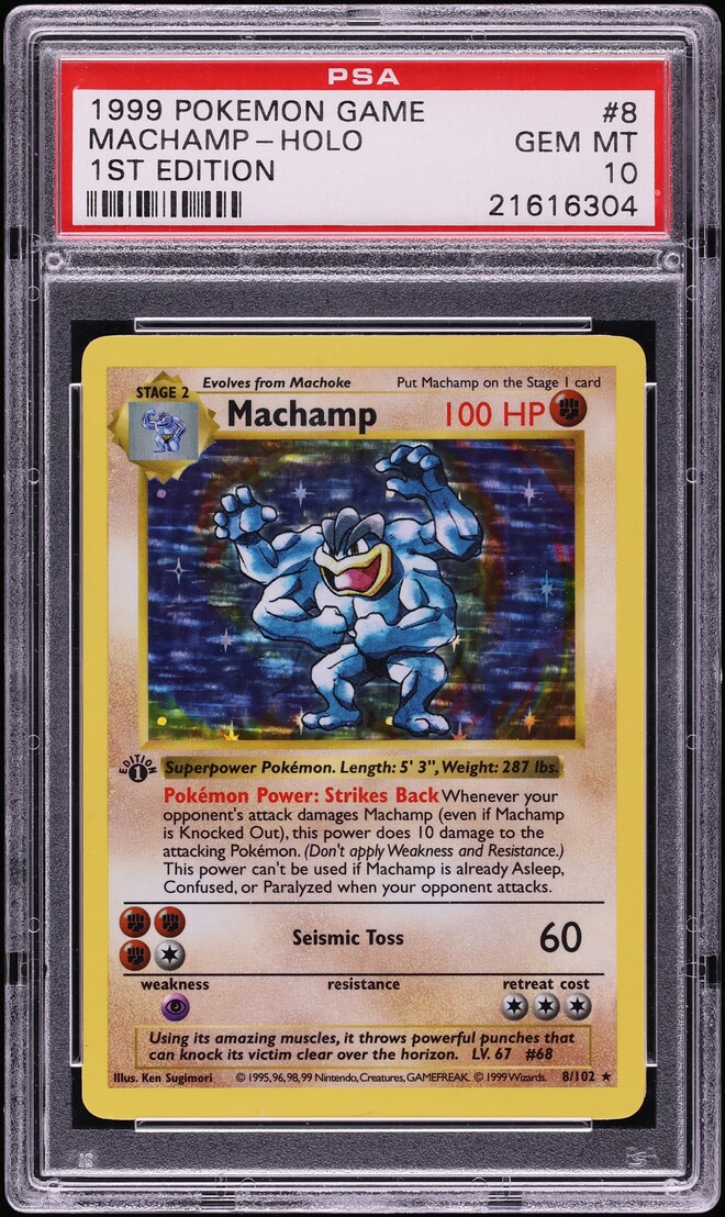 1999 Pokemon Base Set Shadowless 1st Edition Holo Machamp #8 PSA 10 GEM MINT