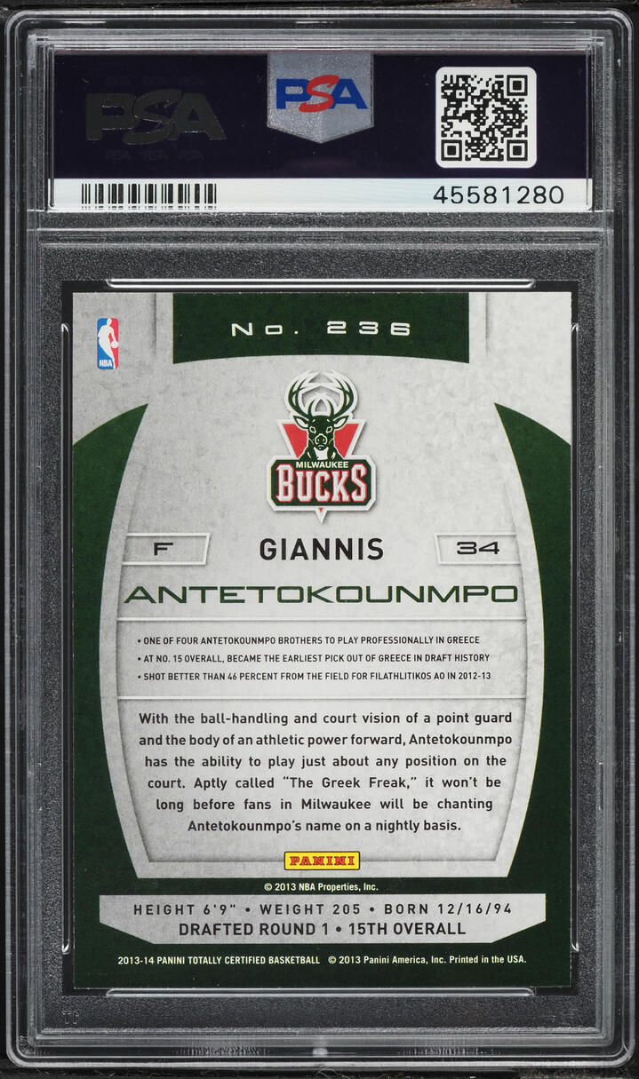 2013 Totally Certified Giannis Antetokounmpo ROOKIE #236 PSA 10 GEM MINT