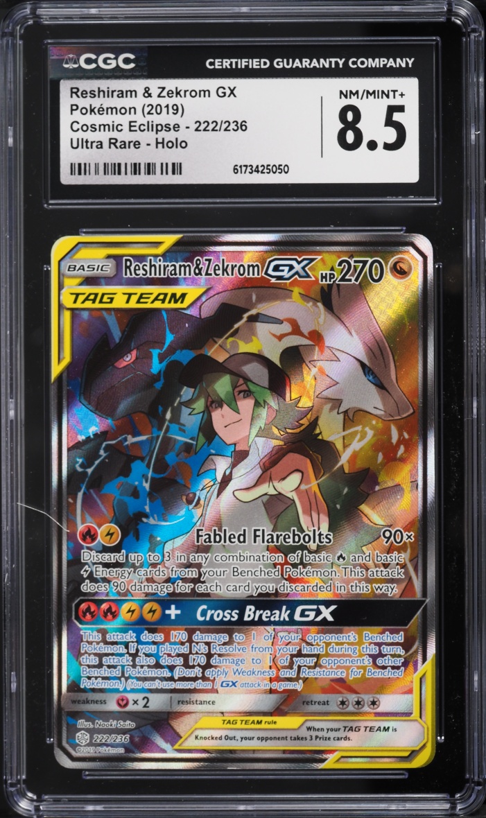 2019 Pokemon Sun & Moon Cosmic Eclipse Alt Art Reshiram & Zekrom GX #222 CGC 8.5 NM-MT+