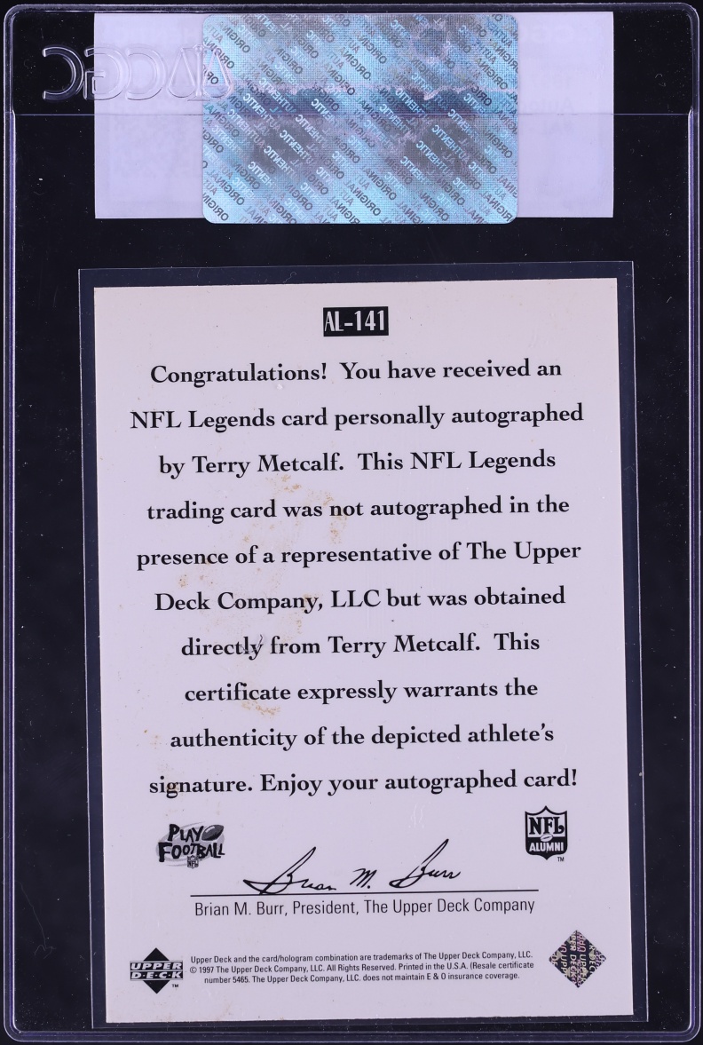1997 Upper Deck Legends Terry Metcalf AUTO #AL-141 CGC AUTH