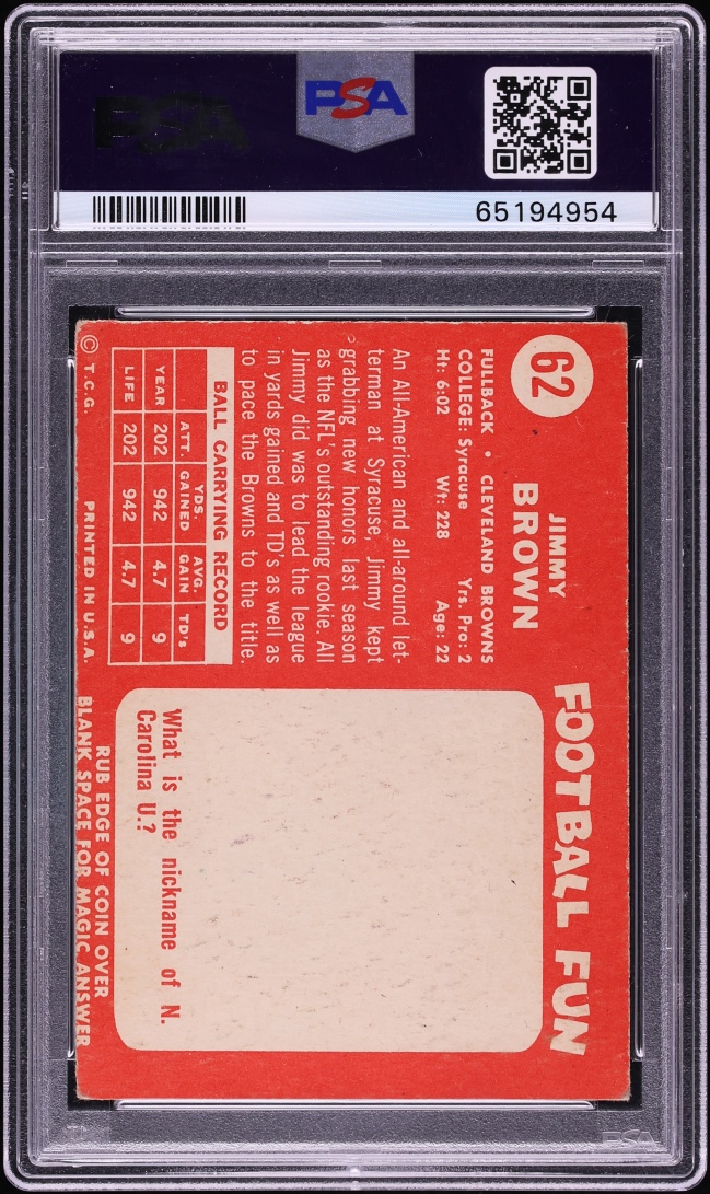 1958 Topps Football Jim Brown ROOKIE #62 PSA 4 VGEX
