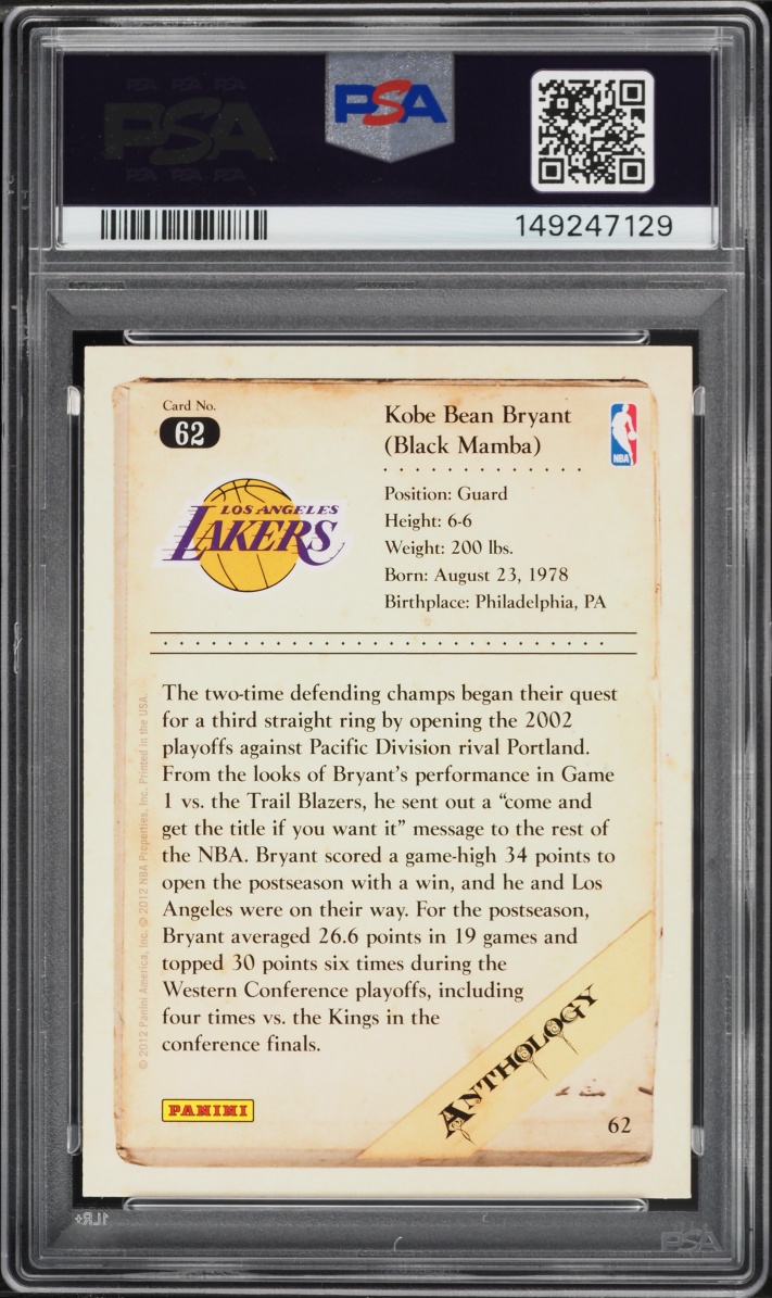 2012 Panini Kobe Anthology Kobe Bryant #62 PSA 10 GEM MINT