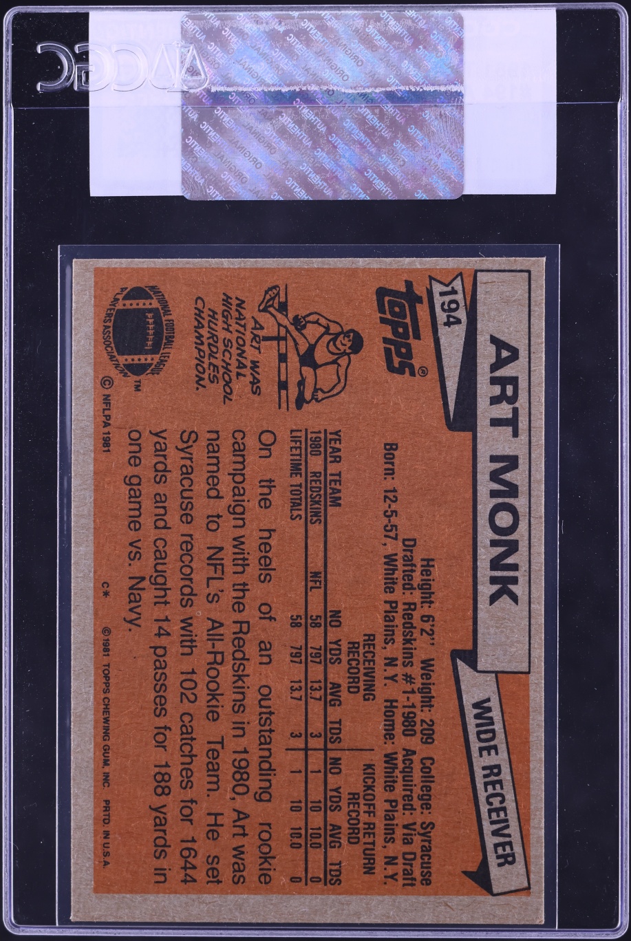 1981 Topps Football Art Monk ROOKIE #194 CGC AUTH