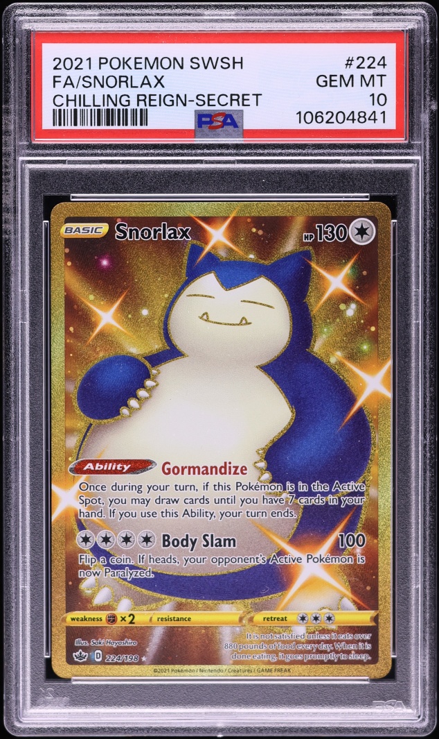2021 Pokemon Sword & Shield Chilling Reign Gold Rare Snorlax #224 PSA 10 GEM MINT