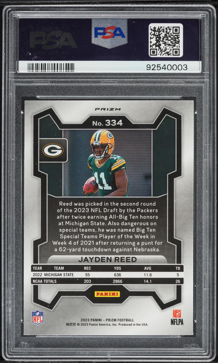 2023 Panini Prizm Neon Green Pulsar Jayden Reed ROOKIE #334 PSA 10 GEM MINT