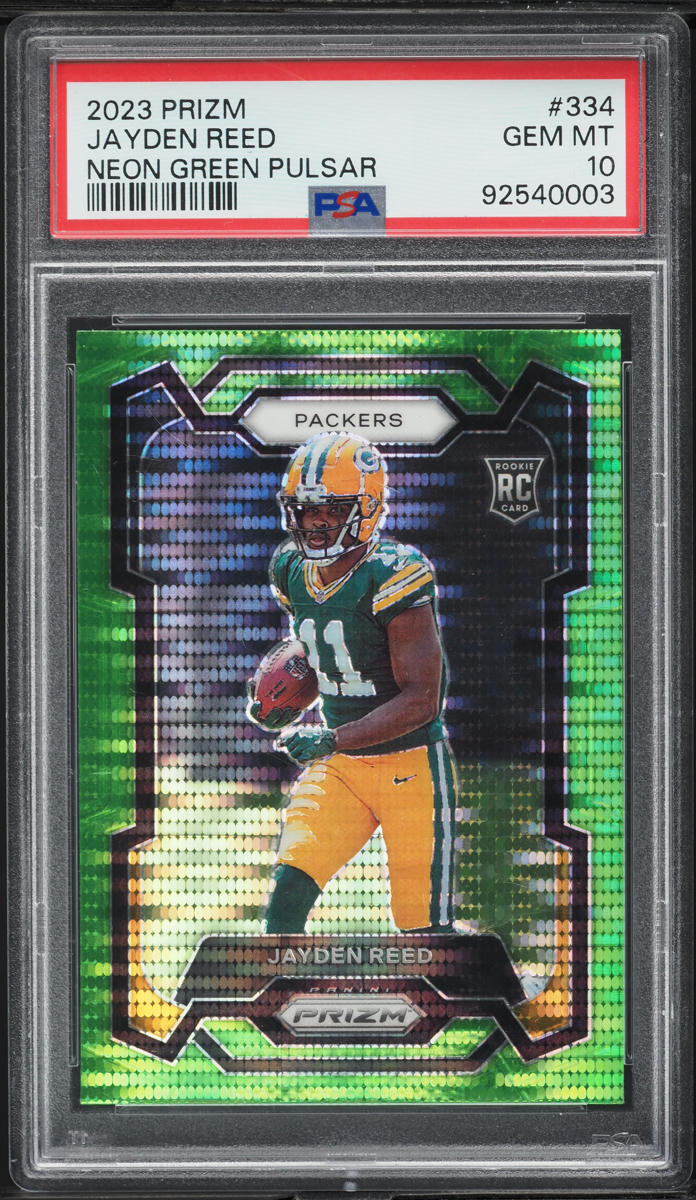 2023 Panini Prizm Neon Green Pulsar Jayden Reed ROOKIE #334 PSA 10 GEM MINT
