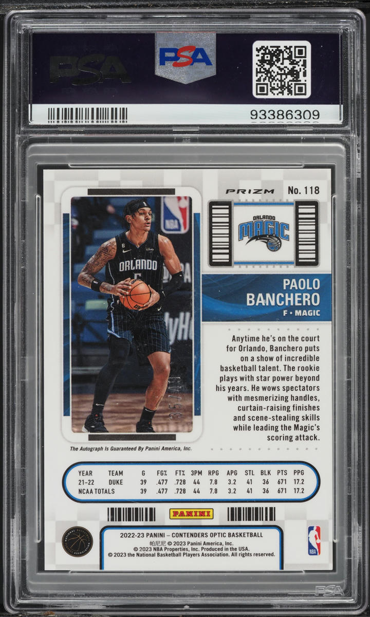 2022 Panini Contenders Optic Blue Paolo Banchero ROOKIE AUTO /49 #118 PSA 10 GEM