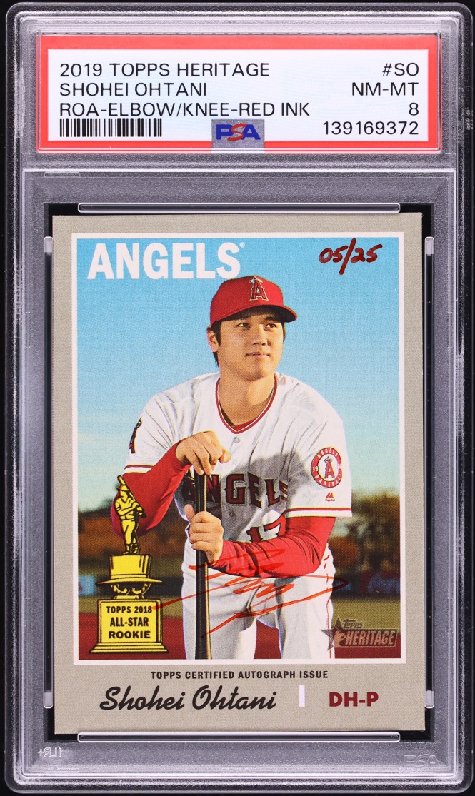 2019 Topps Heritage Real One Elbow On Knee Red Ink Shohei Ohtani AUTO /25 #ROA-SO PSA 8 NM-MT