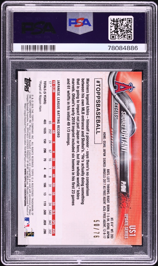 2018 Topps Update Independence Day Shohei Ohtani ROOKIE /76 #US1 PSA 9 MINT - Photo 2