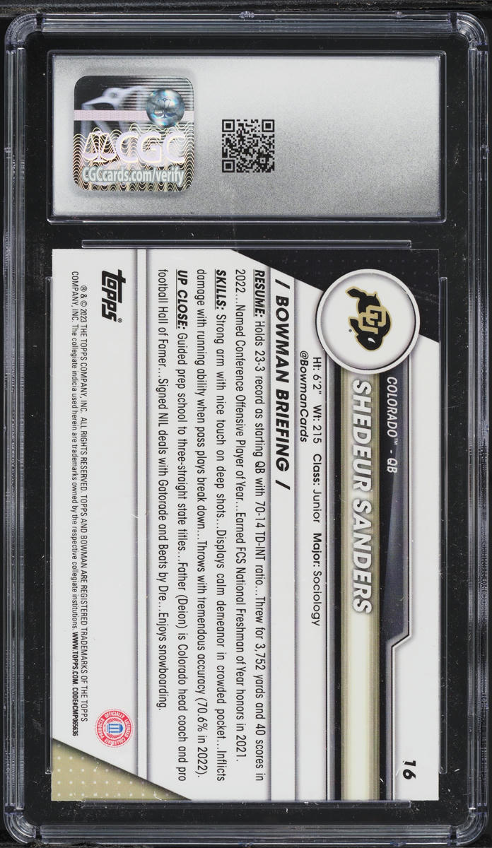 2023 Bowman Chrome University Shedeur Sanders ROOKIE #16 CGC 10 GEM MINT
