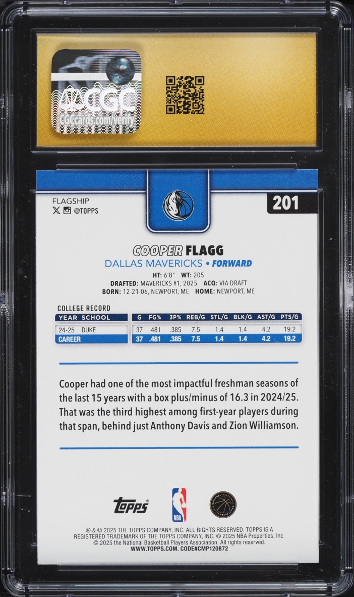 2025 Topps Basketball Cooper Flagg ROOKIE #201 CGC 10 PRISTINE