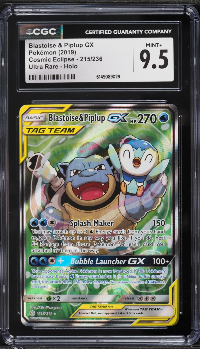 2019 Pokemon Sun & Moon Cosmic Eclipse Alt Art Blastoise & Piplup GX #215 CGC 9.5 MINT+