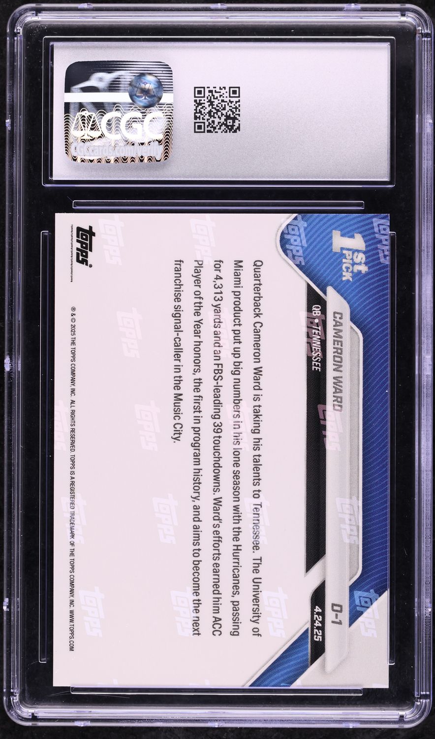 2025 Topps Now Draft Cameron Ward ROOKIE #D-1 CGC 10 GEM MINT
