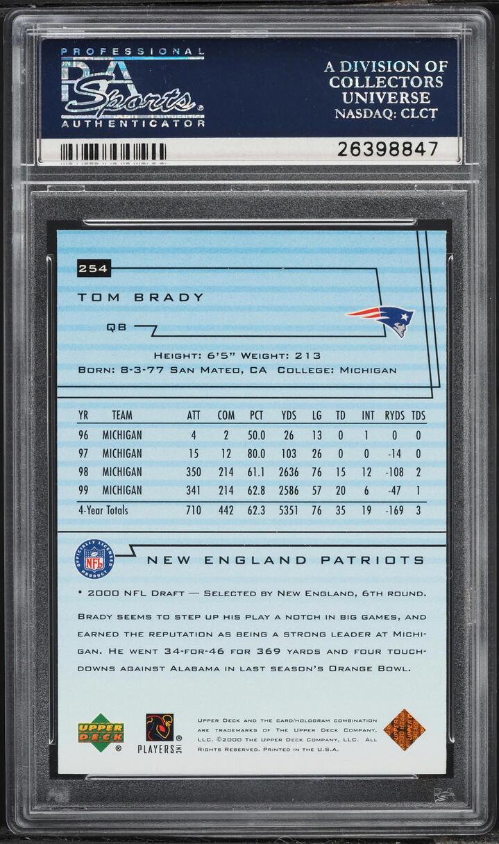 2000 Upper Deck Football Tom Brady ROOKIE #254 PSA 10 GEM MMINT