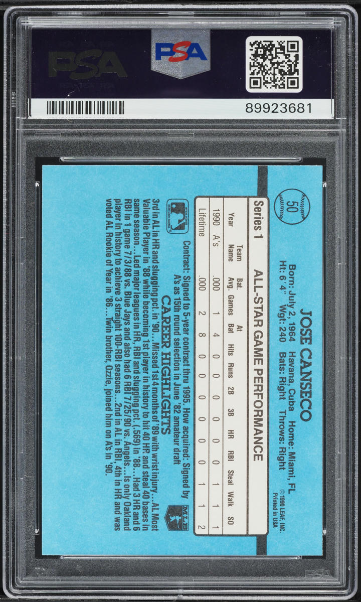 1991 Donruss A'S In Stat Line Jose Canseco #50 PSA 7 NRMT
