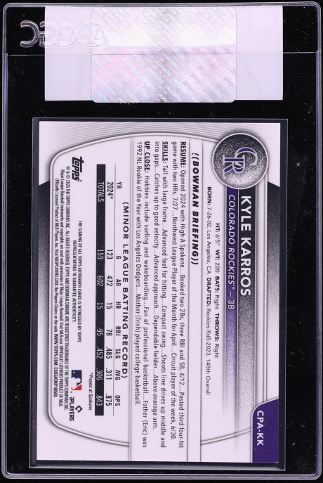 2025 Bowman Chrome Black Refractor Kyle Karros PROSPECT AUTO /10 #CPA-KK CGC AUTH