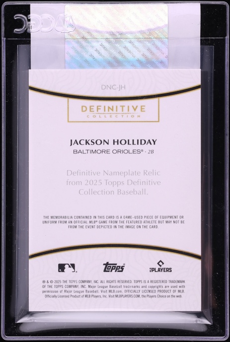 2025 Topps Definitive Collection Nameplate "L" Jackson Holliday PATCH 1/1 #DNC-JH CGC AUTH