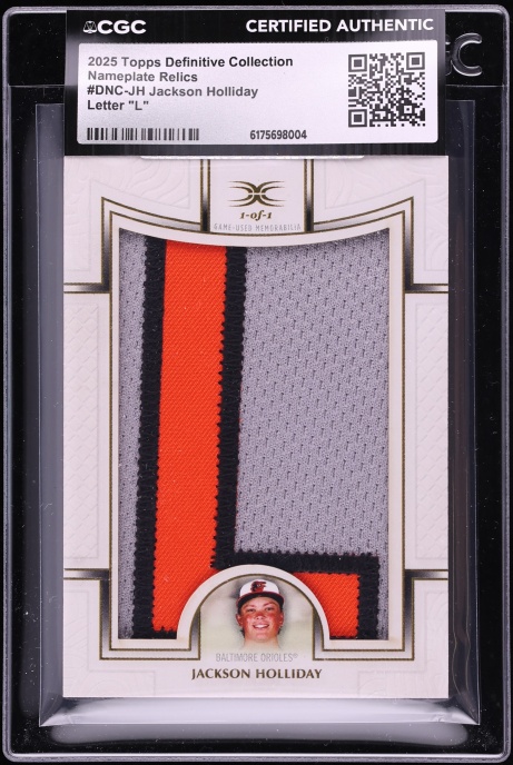 2025 Topps Definitive Collection Nameplate "L" Jackson Holliday PATCH 1/1 #DNC-JH CGC AUTH
