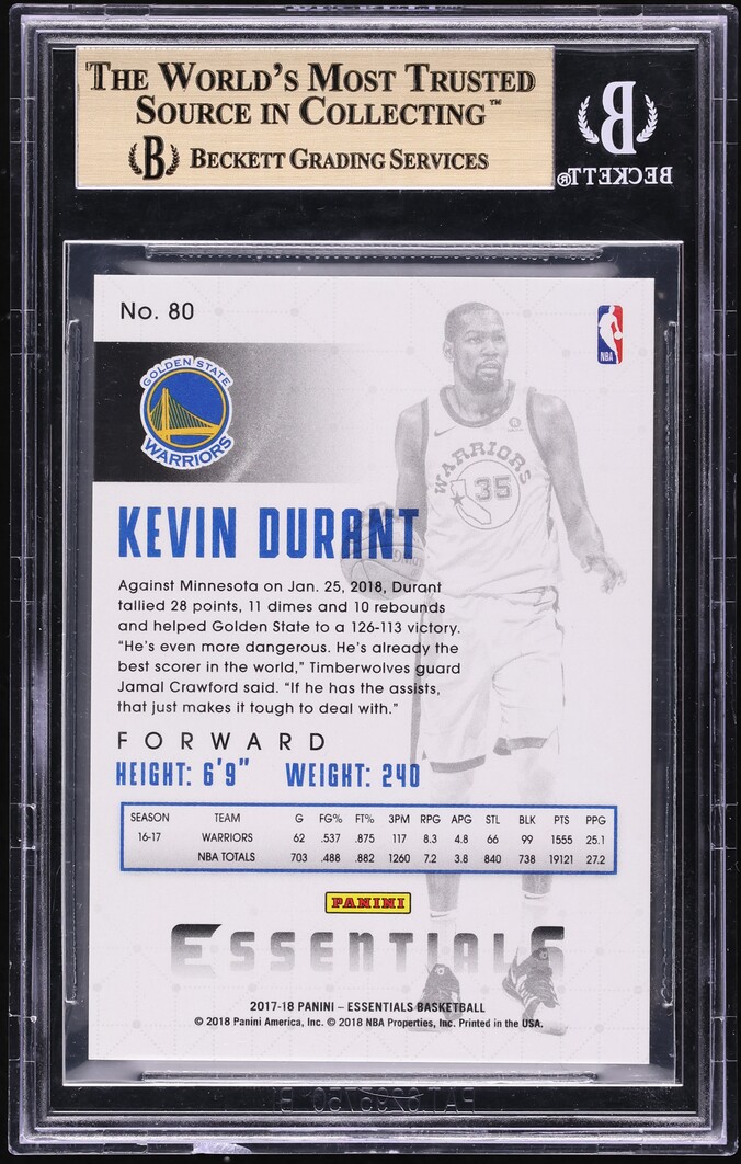 2017 Panini Essentials Purple Kevin Durant 1/1 #80 BGS 9.5 GEM MINT - Photo 2