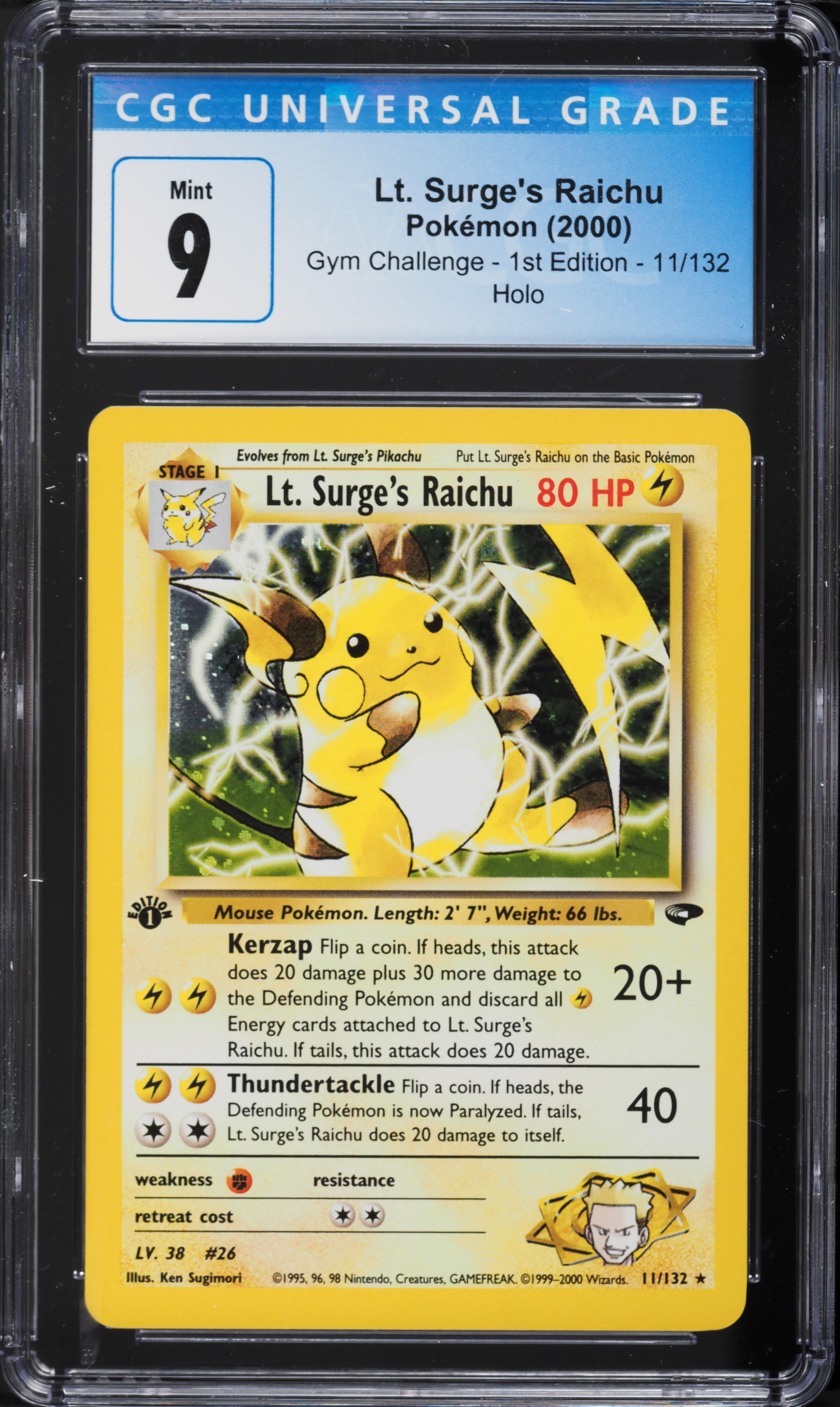 2000 Pokemon Gym Challenge 1st Edition Holo Lt. Surge's Raichu #11 CGC 9 MINT