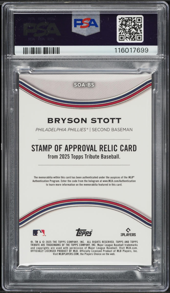 2025 Topps Tribute Stamp Of Approval Blue Bryson Stott PATCH /150 #SOA-BS PSA 8 NM-MT