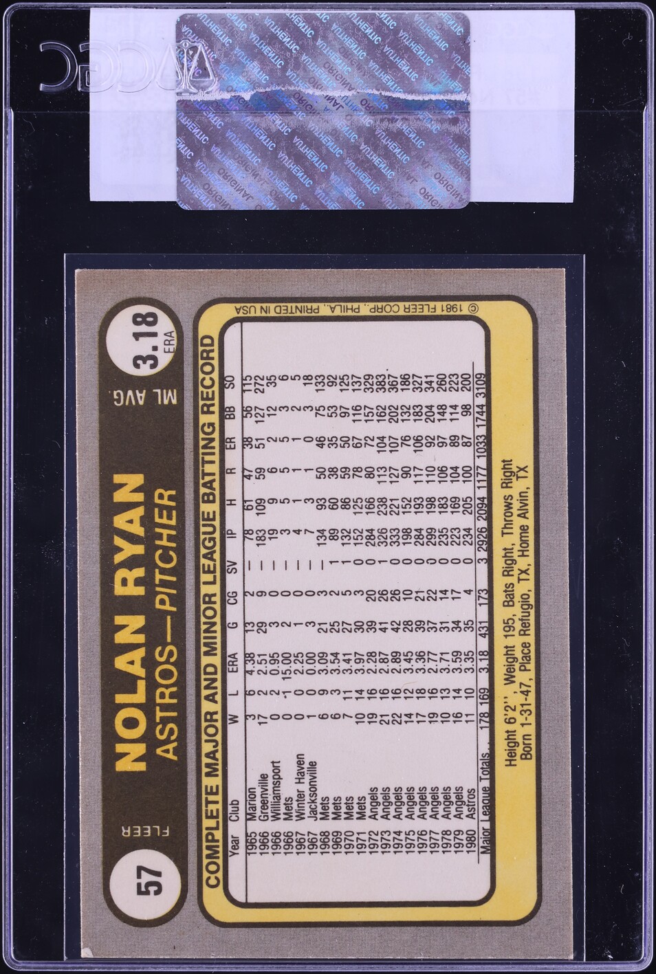 1981 Fleer Nolan Ryan #57 CGC AUTH