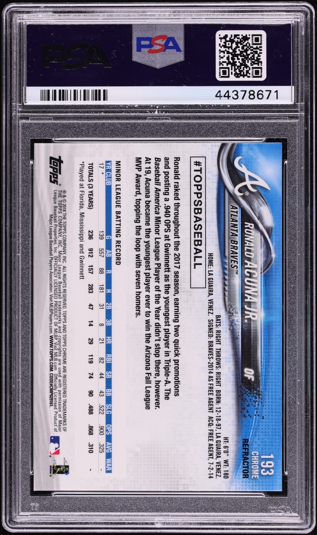 2018 Topps Chrome Refractor Ronald Acuna Jr. ROOKIE #193 PSA 10 GEM MINT