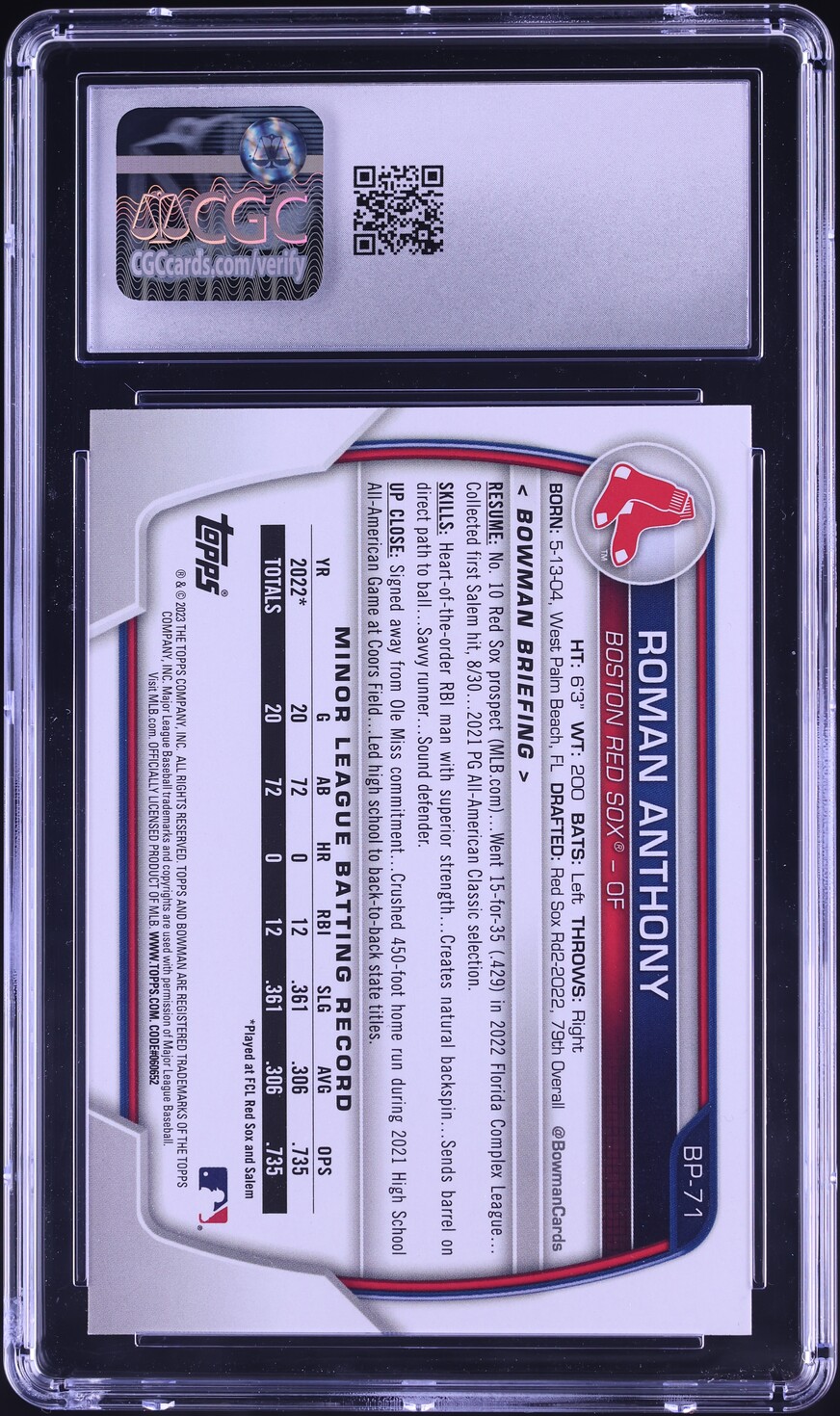 2023 Bowman Roman Anthony PROSPECT #BP-71 CGC 10 GEM MINT