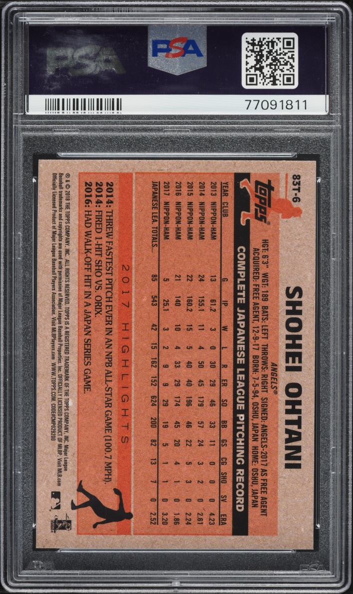 2018 Topps Chrome '83 Shohei Ohtani ROOKIE #83T-6 PSA 9 MINT