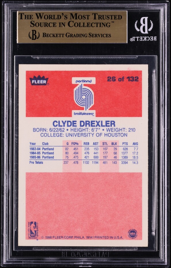 1986 Fleer Basketball Clyde Drexler ROOKIE #26 BGS 9.5 GEM MINT