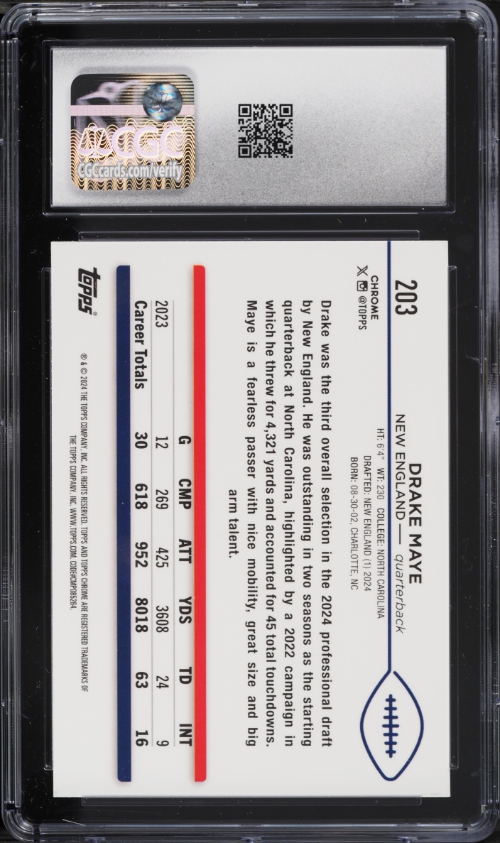 2024 Topps Chrome Drake Maye ROOKIE #203 CGC 9.5 MINT+