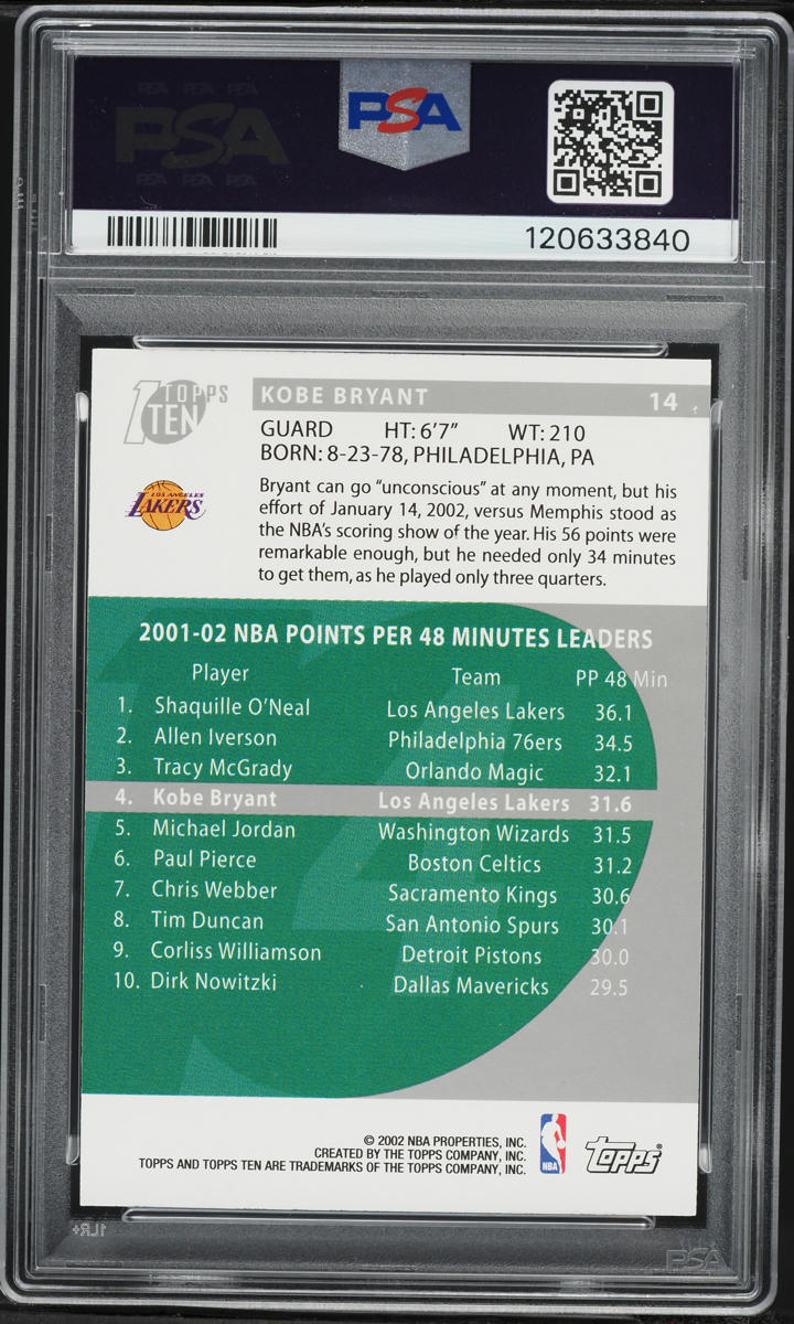 2002 Topps Ten Kobe Bryant #14 PSA 9 MINT