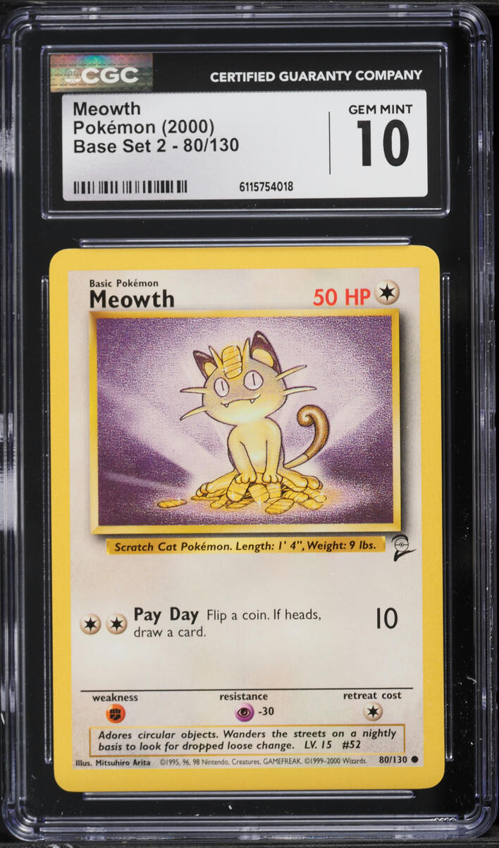 2000 Pokemon Base Set 2 Meowth #80 CGC 10 GEM MINT